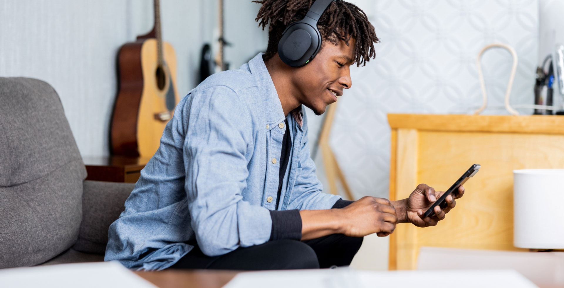 Man listening to music on headphones